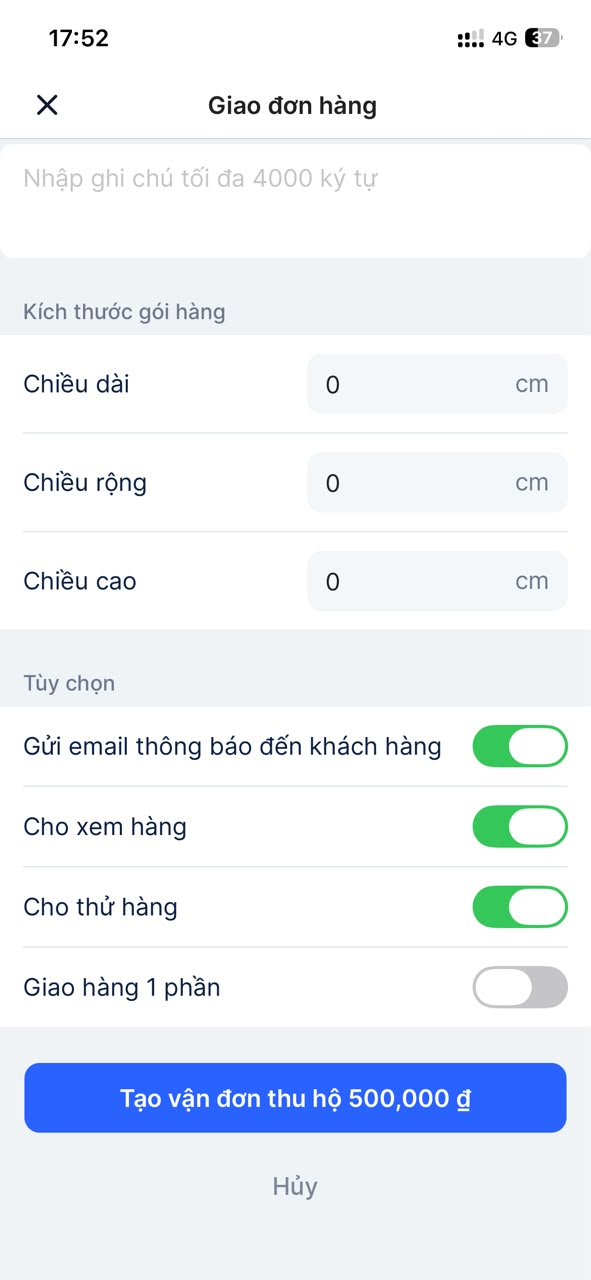 Tùy chọn giao hàng khi tạo đơn trên Haravan Social mobile